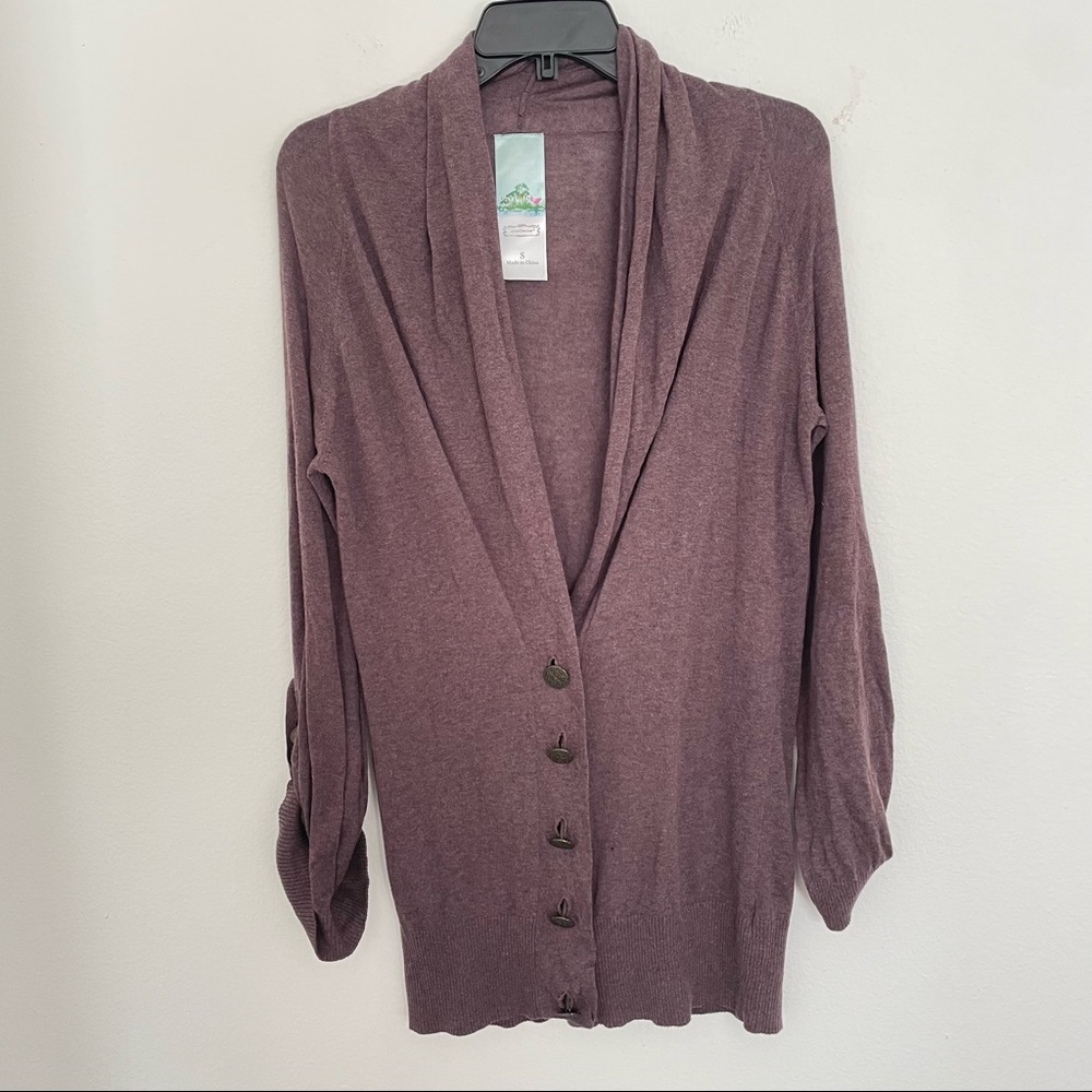 AphOrism Cardigan Womens Size Small Brown V Neck Gold Buttons Sheer Read